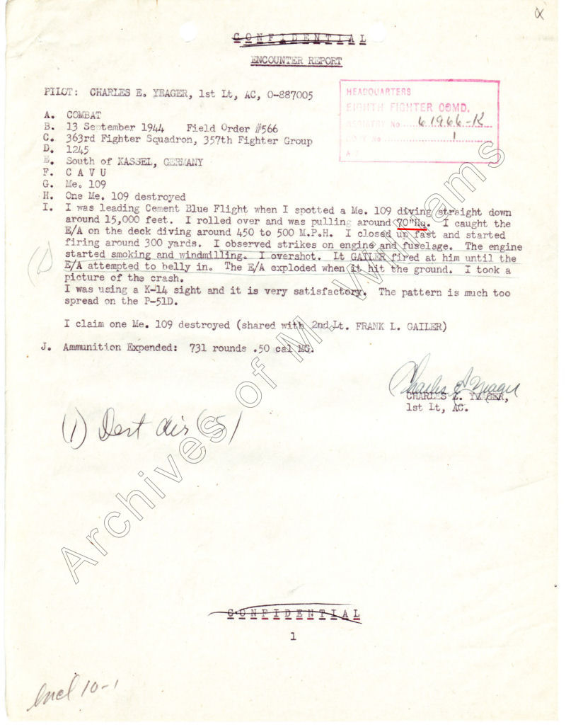 Chuck Yeager's second combat Encounter Report of a shared ME 109 destruction